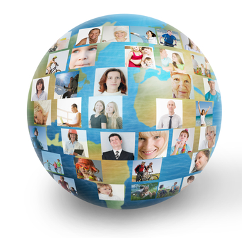 Image of globe with many photos of different people all over the globe.