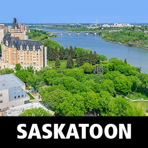 Thumbnail image for Age-Friendly Saskatoon. Image is of aerial view of the city, with trees and the Bessborough Hotel in the foreground and the river and the University of Saskatchewan in the background.