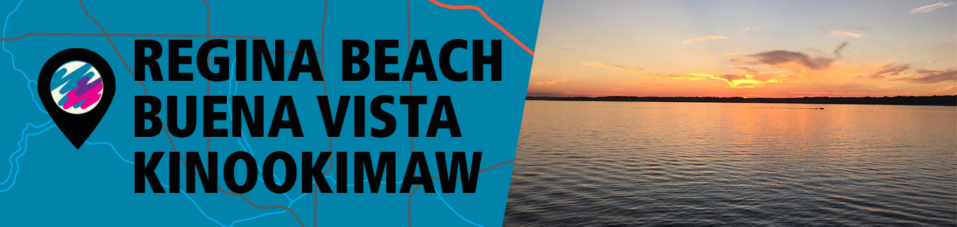 Banner image for Age-Friendly Regina Beach, Buena Vista, Kinookimaw Community Page. Left side is teal-coloured map section with "you are there" icon that includes the zigzags of the Age-Friendly Saskatchewan logo. Icon points to location of Regina Beach, Buena Vista and Kinookimaw on map. Regina Beach, Buena Vista, Kinookimaw is typed over the map image. On right side of banner is an image of sunset over Last Mountain Lake.