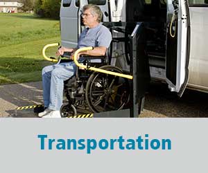 Thumbnail image for the Transportation domain. Image is of an older man in a wheelchair being lowered in a mechanical lift from a special van.