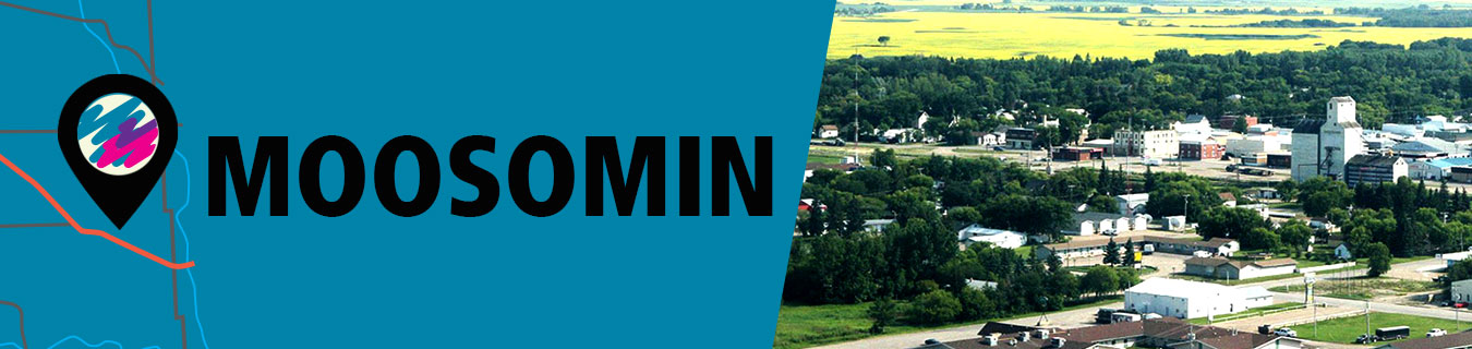 Banner image for Age-Friendly Moosomin Community Page. Left side is teal-coloured map section with "you are there" icon that includes the zigzags of the Age-Friendly Saskatchewan logo. Icon points to location of Moosomin on map. Moosomin is typed over the map image. On right side of banner is aerial image of town of Moosomin.