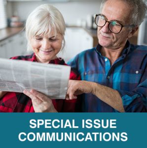 Thumbnail of two older people reading newspaper. Caption is Special Issue Communications