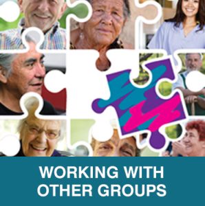 Thumbnail photo of puzzle with different ethnically-diverse people in each piece, and part of the Age-Friendly logo in the centre. Caption is Working with Other Groups.