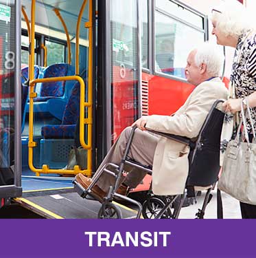 Thumbnail image of older woman pushing a wheelchair that carries an older man, up a ramp into a bus. Caption is Transit.
