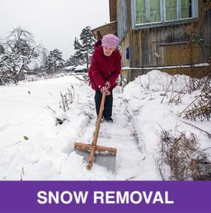 Thumbnail image of older woman shovelling sidewalk at her home. Caption is Snow Removal.