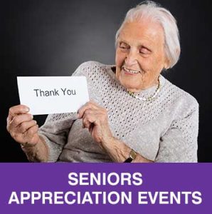 Thumbnail photo of smiling older woman holding up a card that says Thank You in large letters. Caption is Seniors Appreciation Events.
