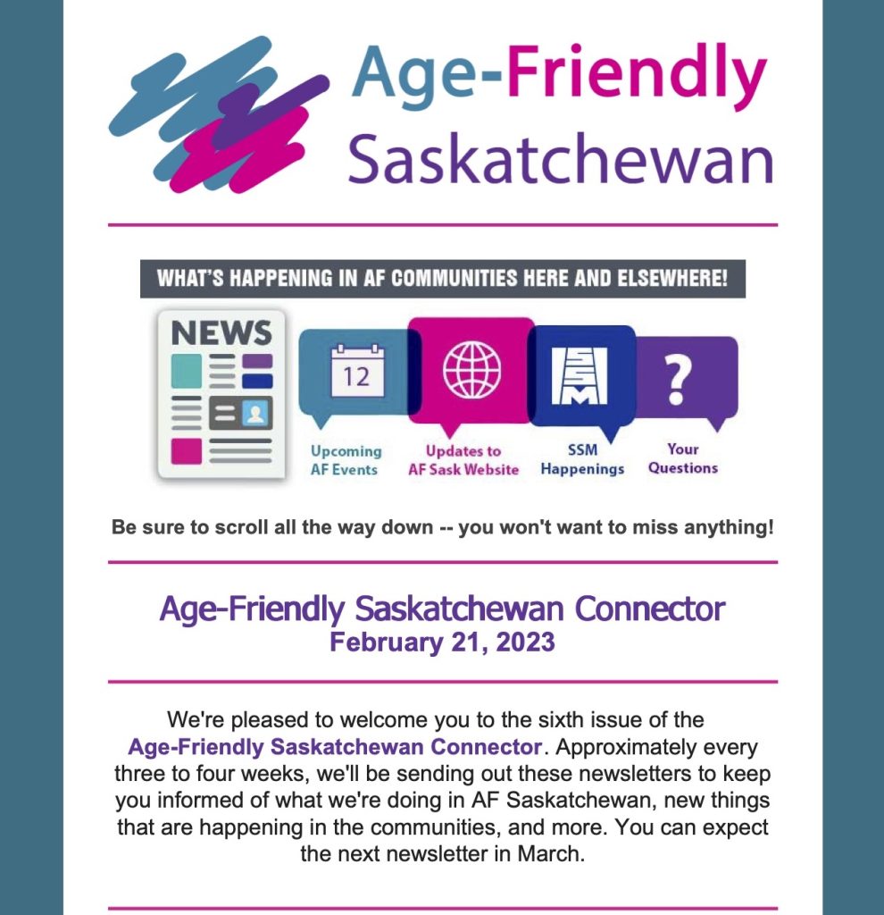 Age-Friendly Saskatchewan Newsletter thumbnail photo, February 21, 2023 issue