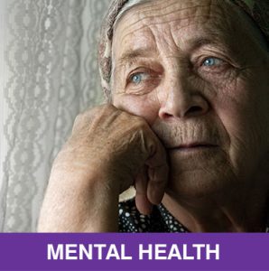 Older woman with head on hand looks sadly into the distance. Caption says Mental Health.